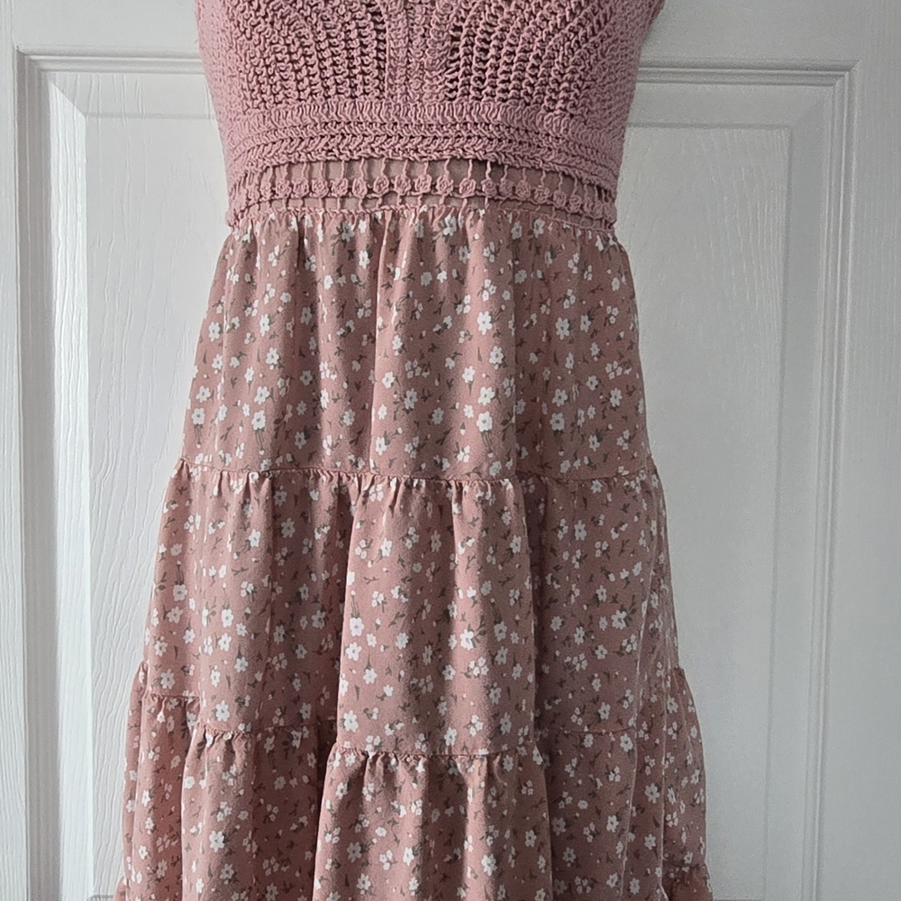 Bluenotes Dusty Rose Crochet Bodice Mini Babydoll Dress